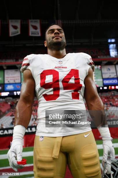 Solomon Thomas of the San Francisco 49ers stands on the field prior to the game against the Arizona Cardinals at the University of Phoenix Stadium on...