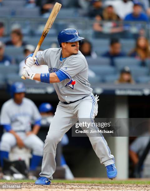 Darwin Barney of the Toronto Blue Jays in action against the New York Yankees at Yankee Stadium on September 30, 2017 in the Bronx borough of New...