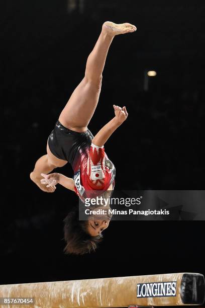 Mai Murakami of Japan competes on the balance beam during the qualification round of the Artistic Gymnastics World Championships on October 4, 2017...