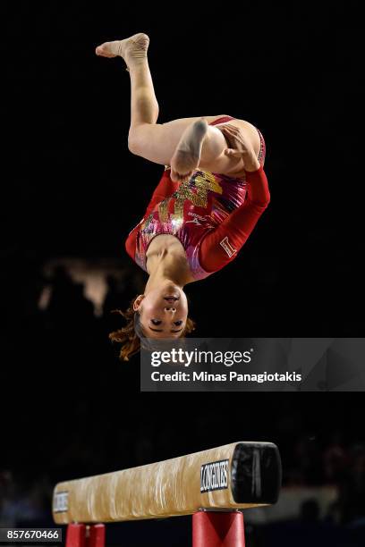 Asuka Teramoto of Japan competes on the balance beam during the qualification round of the Artistic Gymnastics World Championships on October 4, 2017...