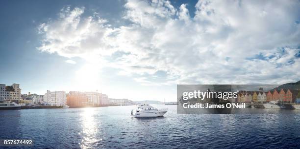 panoramic of port with speedboat, bergen, norway - harbour stockfoto's en -beelden