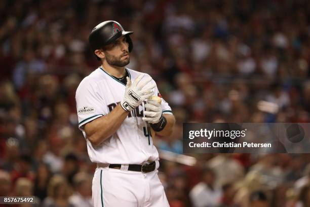 Paul Goldschmidt of the Arizona Diamondbacks reacts after grounding out during the bottom of the fourth inning of National League Wild Card game...