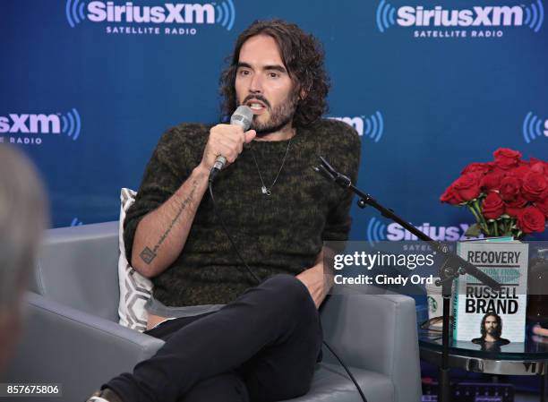 SiriusXM host Jenny McCarthy sits down with Russell Brand for a Town Hall at SiriusXM Studios on October 4, 2017 in New York City.