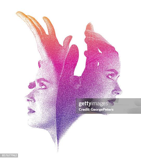 faces with hands reaching up - community collage stock illustrations