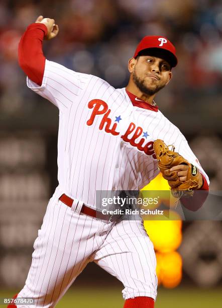 Henderson Alvarez of the Philadelphia Phillies in action against the New York Mets during a game at Citizens Bank Park on September 30, 2017 in...