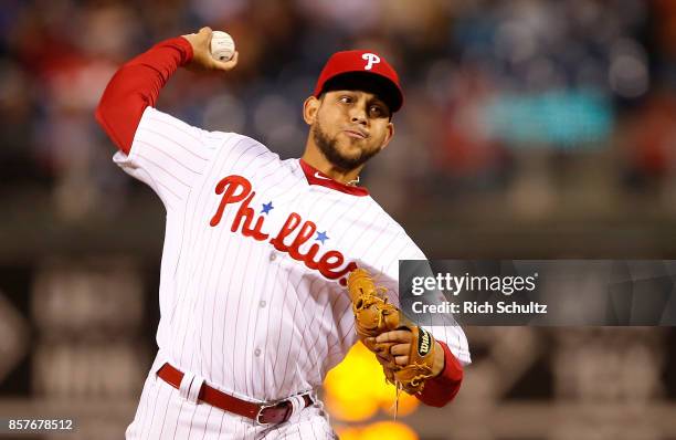 Henderson Alvarez of the Philadelphia Phillies in action against the New York Mets during a game at Citizens Bank Park on September 30, 2017 in...