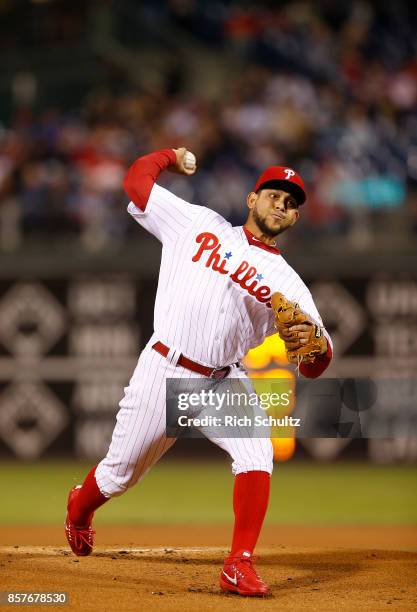 Henderson Alvarez of the Philadelphia Phillies in action against the New York Mets during a game at Citizens Bank Park on September 30, 2017 in...