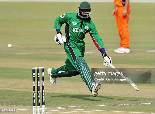 Steve Tikolo of Kenya runs a single during the ICC Mens Cricket World Cup qualifier match between Kenya and Netherlands at Senwes Park on April 01,...