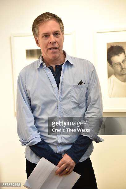Photographer Stephen Barker speaks during a gathering at "Stephen Barker: The ACT UP Portraits: Activists & Avatars, 1991-1994" Exhibition on October...