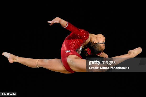 Morgan Hurd of the U.S. Competes in the floor exercise during the qualification round of the Artistic Gymnastics World Championships on October 4,...