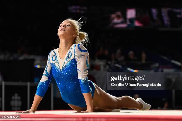 Maija Leinonen of Finland competes in the floor exercise during the qualification round of the Artistic Gymnastics World Championships on October 4,...