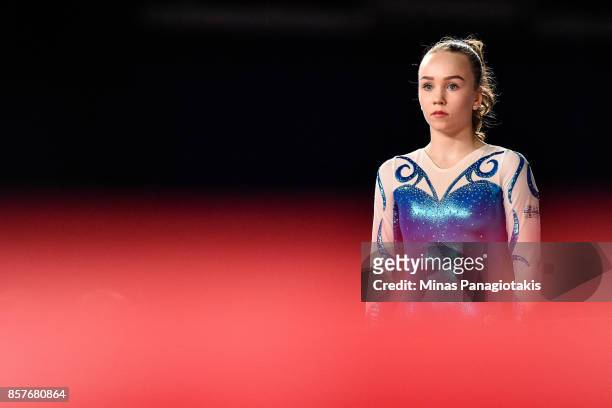 Helmi Murto of Finland competes in the floor exercise during the qualification round of the Artistic Gymnastics World Championships on October 4,...