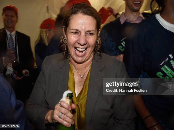 Head coach Cheryl Reeve of the Minnesota Lynx celebrates winning against the Los Angeles Sparks in Game Five of the WNBA Finals on October 4, 2017 at...