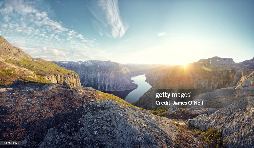 Mountainous landscape and fjord at sunset, Norway