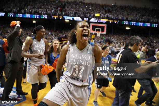 Rebekkah Brunson of the Minnesota Lynx celebrates a win against the Los Angeles Sparks in Game 5 of the 2017 WNBA Finals on October 4, 2017 in...