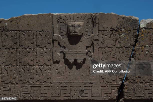 The Gateway of the Sun is seen at the archaeological site of Tiwanaku , some 71 Km east of La Paz, Bolivia on October 4, 2017. / AFP PHOTO / NELSON...