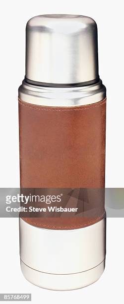 leather wrapped insulated thermos for hot and cold - insulated drink container foto e immagini stock