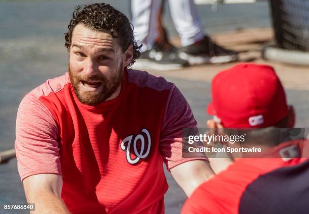 Washington Nationals second baseman Daniel Murphy talks to first baseman Ryan Zimmerman during the Washington Nationals open practice on October 4 at...