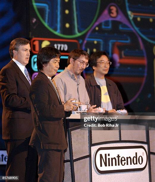 Legendary Nintendo video-game designer Shirgeru Miyamoto demonstates new Pac-Man connectivity title between Nintendo GameCube and Game Boy Advance...