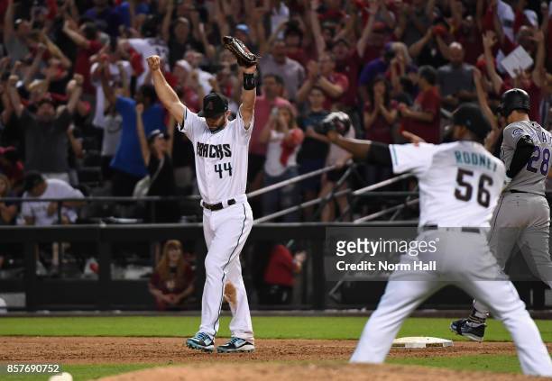 Paul Goldschmidt of the Arizona Diamondbacks reacts after beating the Colorado Rockies 11-8 in the National League Wild Card game at Chase Field on...