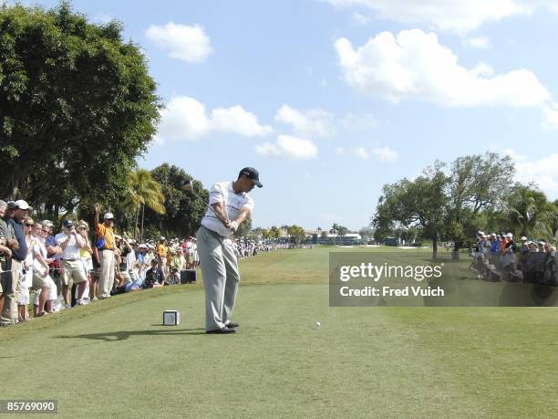Championship: Rear view of Tiger Woods in action, drive from tee on Thursday at Blue Monster Course of Doral Resort & Spa. Sequence. Doral, FL...