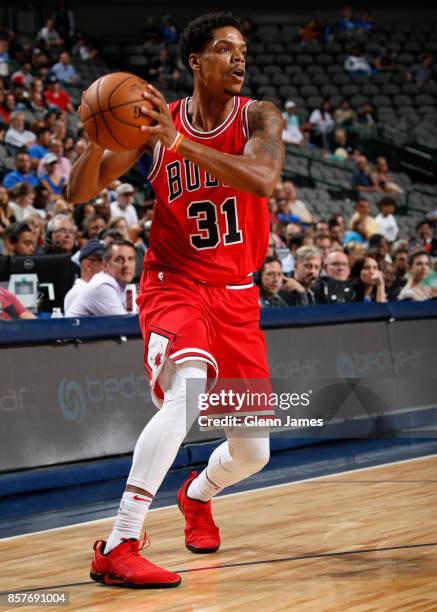 Jarell Eddie of the Chicago Bulls handles the ball against the Dallas Mavericks on October 4, 2017 at the American Airlines Center in Dallas, Texas....