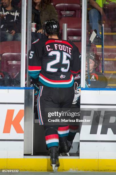 Cal Foote of the Kelowna Rockets is the fourth player to enter the penalty box against the Victoria Royals at Prospera Place on October 4, 2017 in...