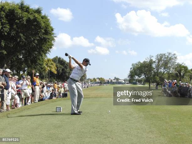 Championship: Rear view of Tiger Woods in action, drive from tee on Thursday at Blue Monster Course of Doral Resort & Spa. Sequence. Doral, FL...