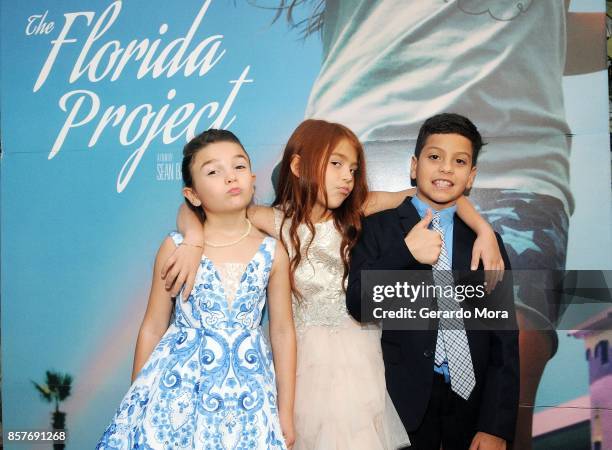 Cast members Brooklynn Prince, Valeria Cotto and Christopher Rivera pose during "THE FLORIDA PROJECT" Cast & Crew Orlando Premiere at The Enzian...