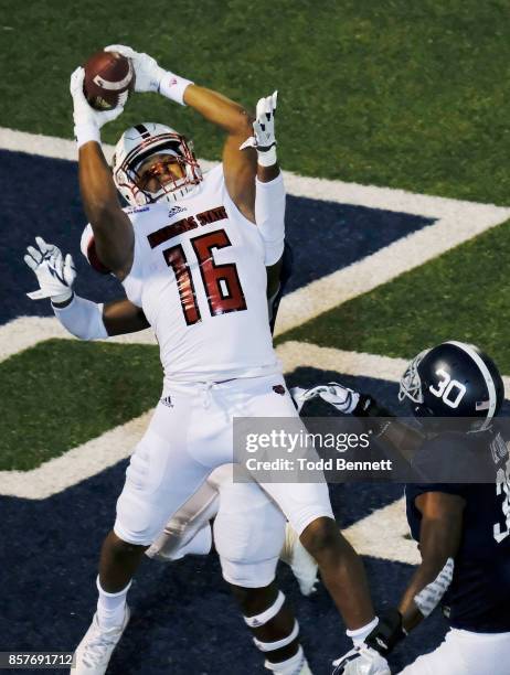 Tight end Blake Mack of the Arkansas State Red Wolves pulls down a touchdown reception against the Georgia Southern Eagles at Paulson Stadium on...