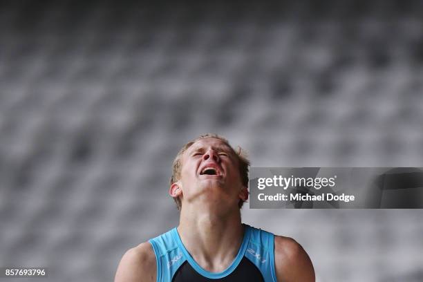 Jayden Stephenson of Eastern Rangers shows the pain while competing in the Yo-Yo run during the AFL Draft Combine at Etihad Stadium on October 5,...