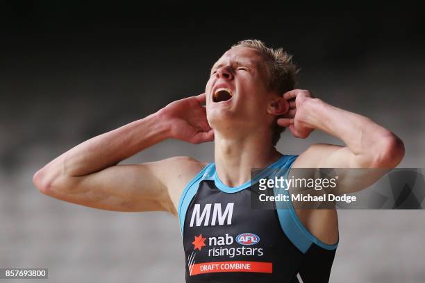 Jayden Stephenson of Eastern Rangers shows the pain while competing in the Yo-Yo run during the AFL Draft Combine at Etihad Stadium on October 5,...