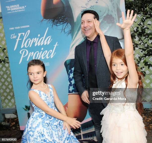 Actresses Brooklynn Prince , Valeria Cotto and Film Producer Chris Bergoch pose during "THE FLORIDA PROJECT" Cast & Crew Orlando Premiere at The...