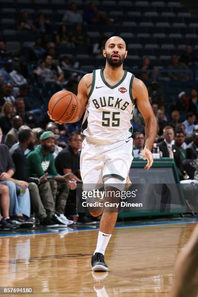 Milwaukee, WI Kendall Marshall of the Milwaukee Bucks handles the ball during a preseason game against the Indiana Pacers on October 4, 2017 at the...