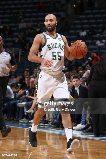 Milwaukee, WI Kendall Marshall of the Milwaukee Bucks handles the ball during a preseason game against the Indiana Pacers on October 4, 2017 at the...