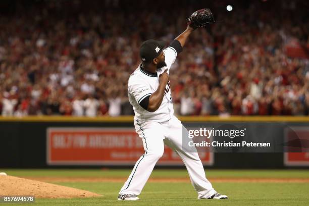 Closing pitcher Fernando Rodney of the Arizona Diamondbacks celebrates after defeating the Colorado Rockies 11-8 in the National League Wild Card...