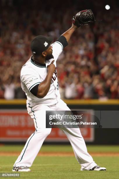 Closing pitcher Fernando Rodney of the Arizona Diamondbacks reacts after defeating the Colorado Rockies 11-8 in the National League Wild Card game at...