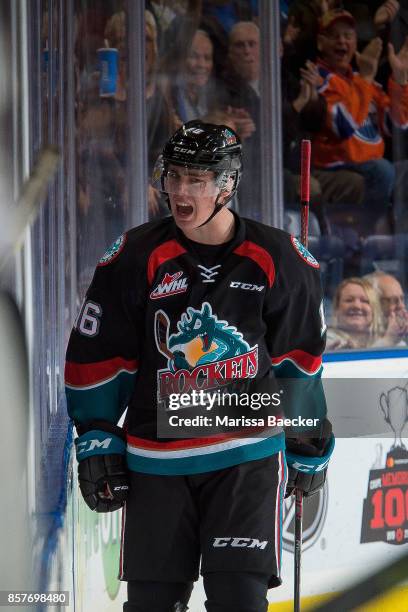 Kole Lind of the Kelowna Rockets celebrates a goal against the Victoria Royals at Prospera Place on October 4, 2017 in Kelowna, Canada.