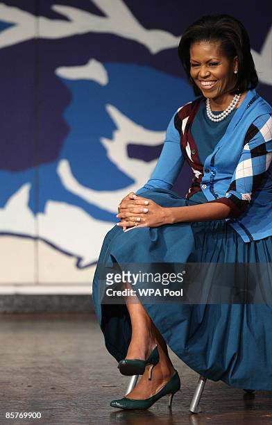 First Lady Michelle Obama watches students during a visit to the Elizabeth Garrett Anderson Secondary School on April 2, 2009 in Borough of Islington...