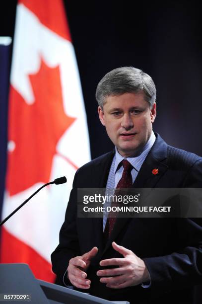 Canadian Prime Minister Stephen Harper speaks during a press conference following the G20 summit at the ExCel centre in east London, on April 2,...