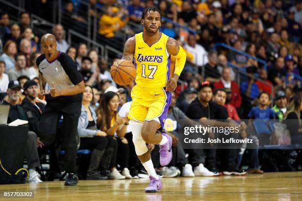 Vander Blue of the Los Angeles Lakers handles the ball during a preseason game against the Denver Nuggets at Citizens Business Bank Arena on October...