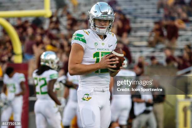 Oregon Ducks quarterback Justin Herbert looks on during the college football game between the Oregon Ducks and the Arizona State Sun Devils on...