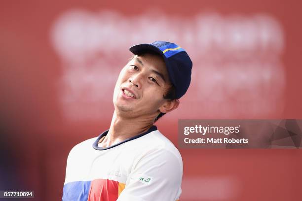 Yen-Hsun Lu of Chinese Taipei reacts in his match against Richard Gasquet of France during day four of the Rakuten Open at Ariake Coliseum on October...