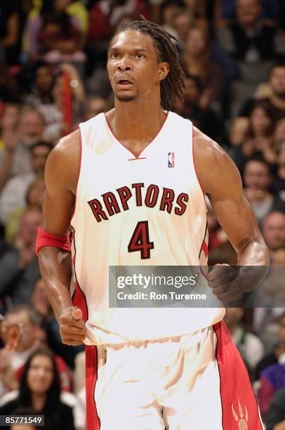 Chris Bosh of the Toronto Raptors reacts during the game against the Chicago Bulls on March 29, 2009 at Air Canada Centre in Toronto, Canada. The...