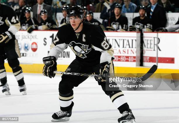 Sidney Crosby of the Pittsburgh Penguins skates against the New Jersey Devils on April 1, 2009 at Mellon Arena in Pittsburgh, Pennsylvania.