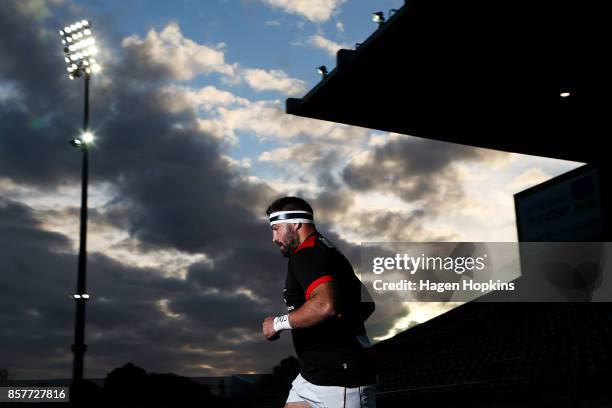 Sean Bagshaw of Counties Manukau takes the field to warm up during the round eight Mitre 10 Cup match between Manawatu and Counties Manukau at...