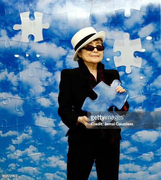 Artist and musician Yoko Ono unveils her artwork entitled "Promise" as part of the commemoration of World Autism Awareness Day at UN Headquarters on...