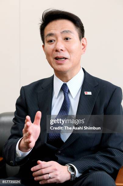 Opposition Democratic Party President Seiji Maehara speaks during the Asahi Shimbun interview at the party headquarters on October 4, 2017 in Tokyo,...