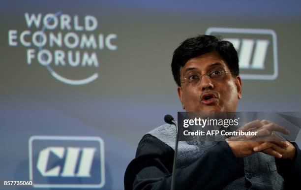 Indian Minister of Railways and Coal Piyush Goel attends the first day of the India Economic Summit in New Delhi on October 5, 2017. The World...