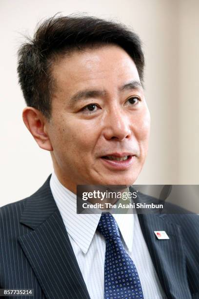 Opposition Democratic Party President Seiji Maehara speaks during the Asahi Shimbun interview at the party headquarters on October 4, 2017 in Tokyo,...